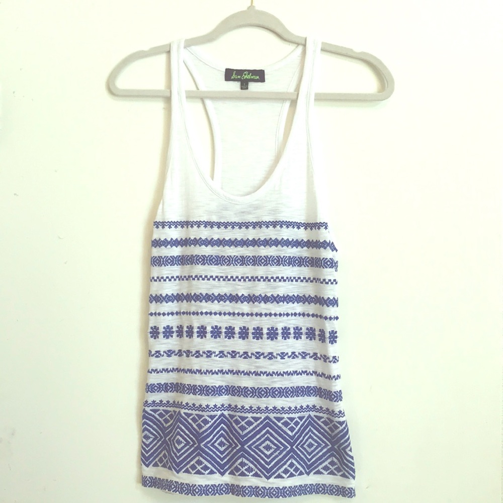 White Tank with Blue Geometric Embroidery